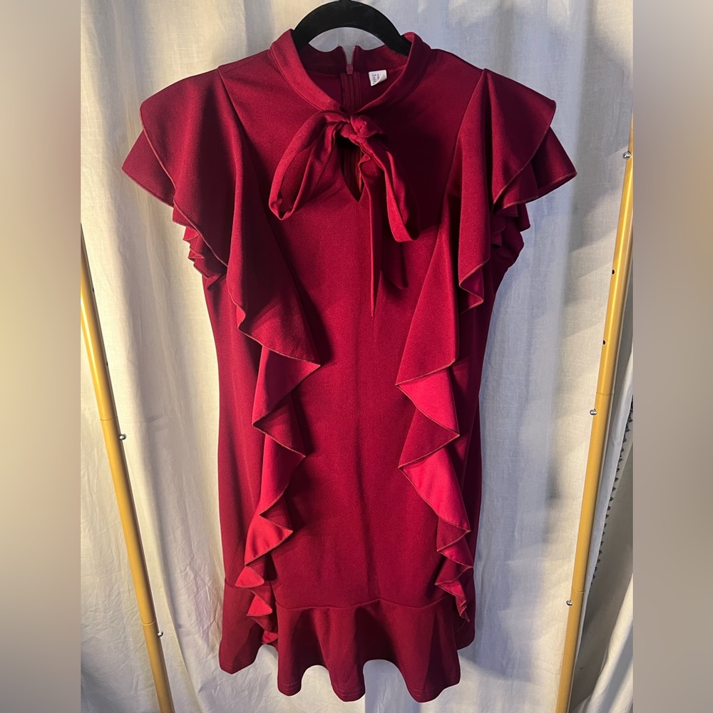 Woman’s dress Tie Neck Short Sleeve Ruffle Hem Cocktail Party Dress-Medium